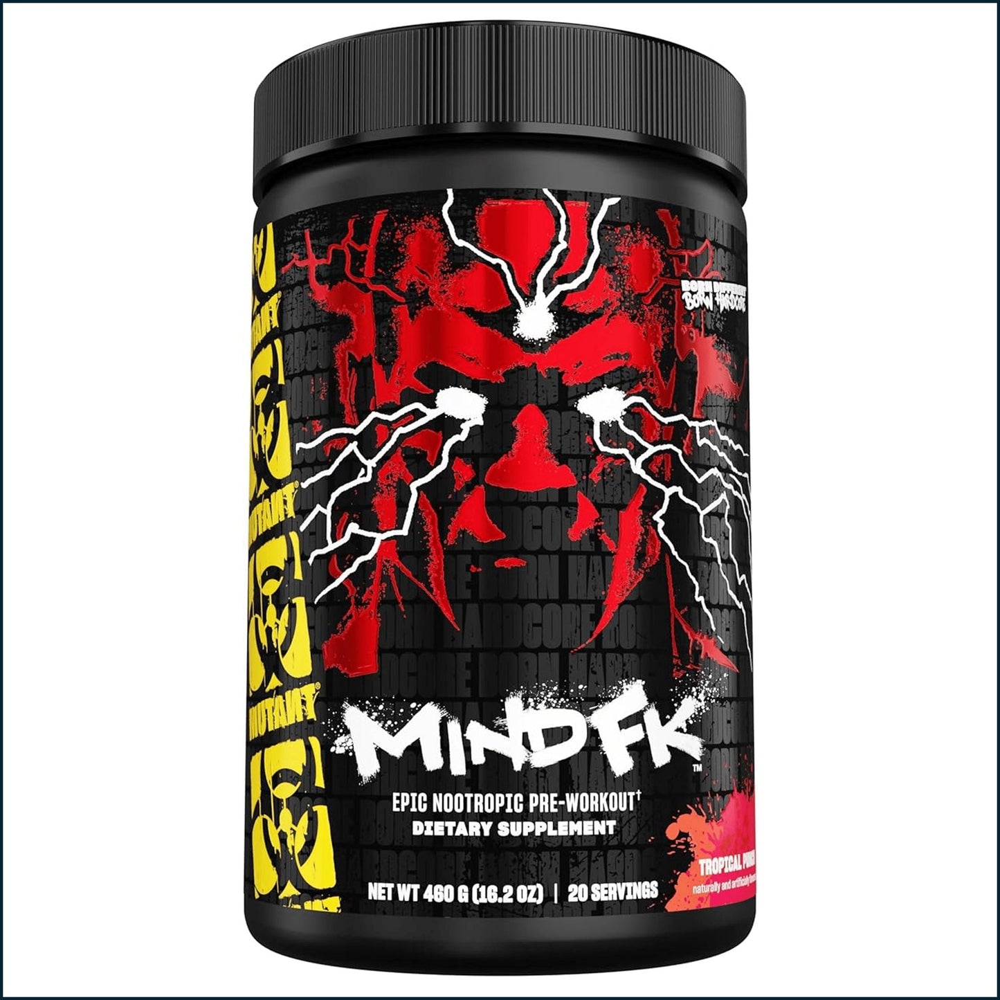 A black tub of MindFK Epic Nootropic Pre-Workout dietary supplement, featuring a bold red and black label with yellow accents and a stylized face graphic.