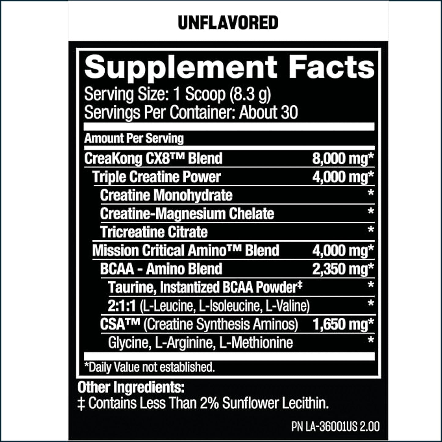 A black supplement facts label with white text on a white background, showing the brand CreaKong CX8T Blend and other ingredients and serving information.