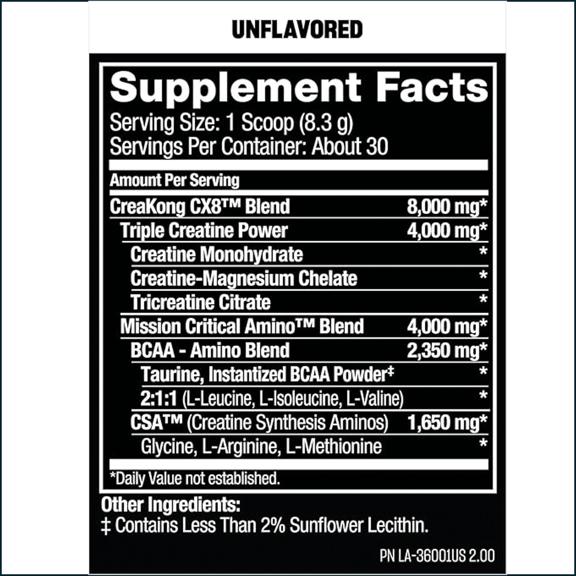 A black supplement facts label with white text on a white background, showing the brand CreaKong CX8T Blend and other ingredients and serving information.