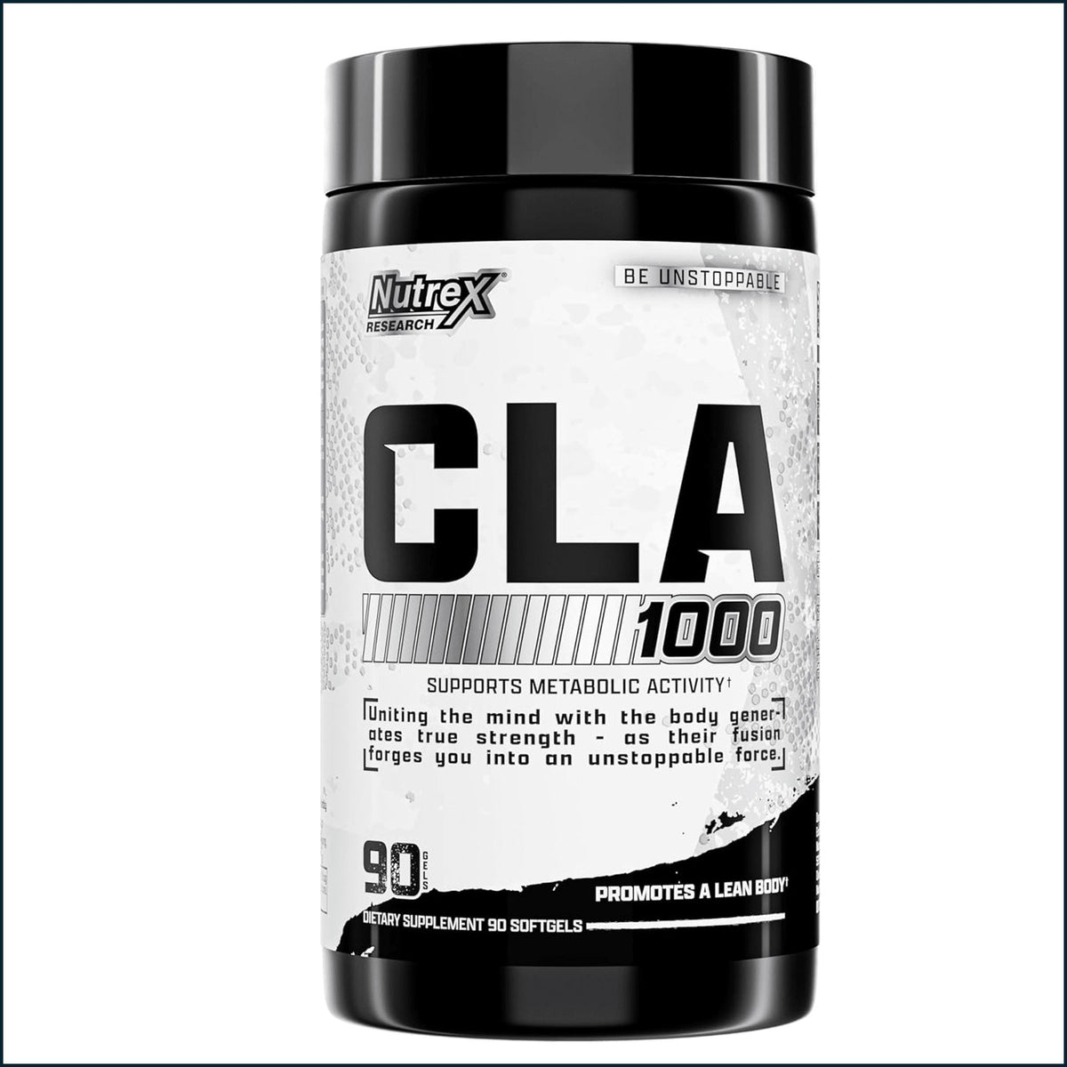 A black and white plastic tub of Nutrex CLA 1000 dietary supplement, featuring a textured white label with bold black text and a black lid, set against a plain white background.