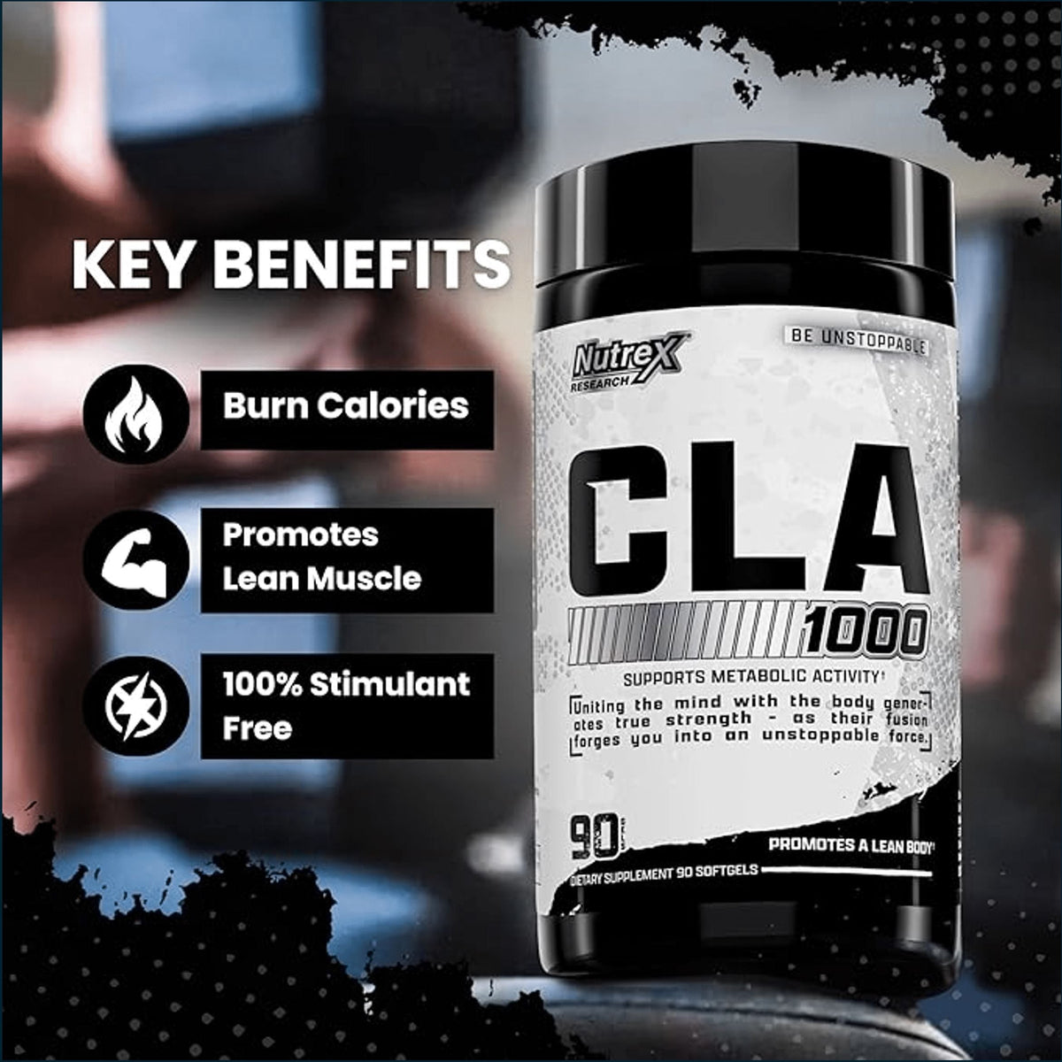 Nutrex CLA 1000 supplement bottle with key benefits listed on a blurred background