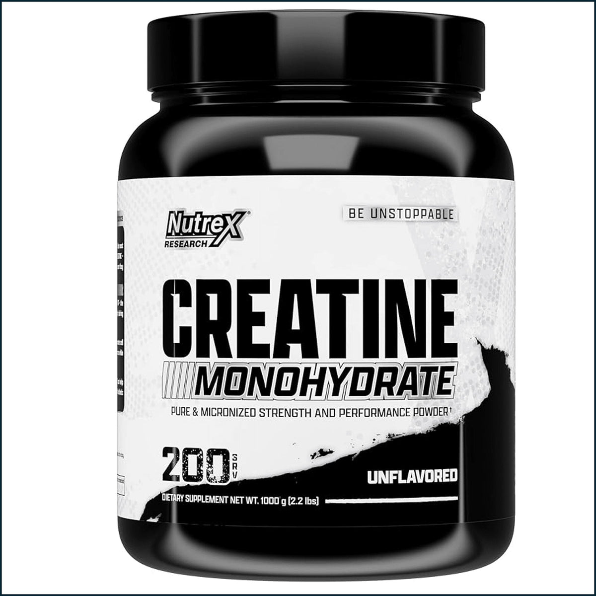 A black plastic tub of Nutrex Research Creatine Monohydrate supplement, 200 g, unflavored, on a white background.
