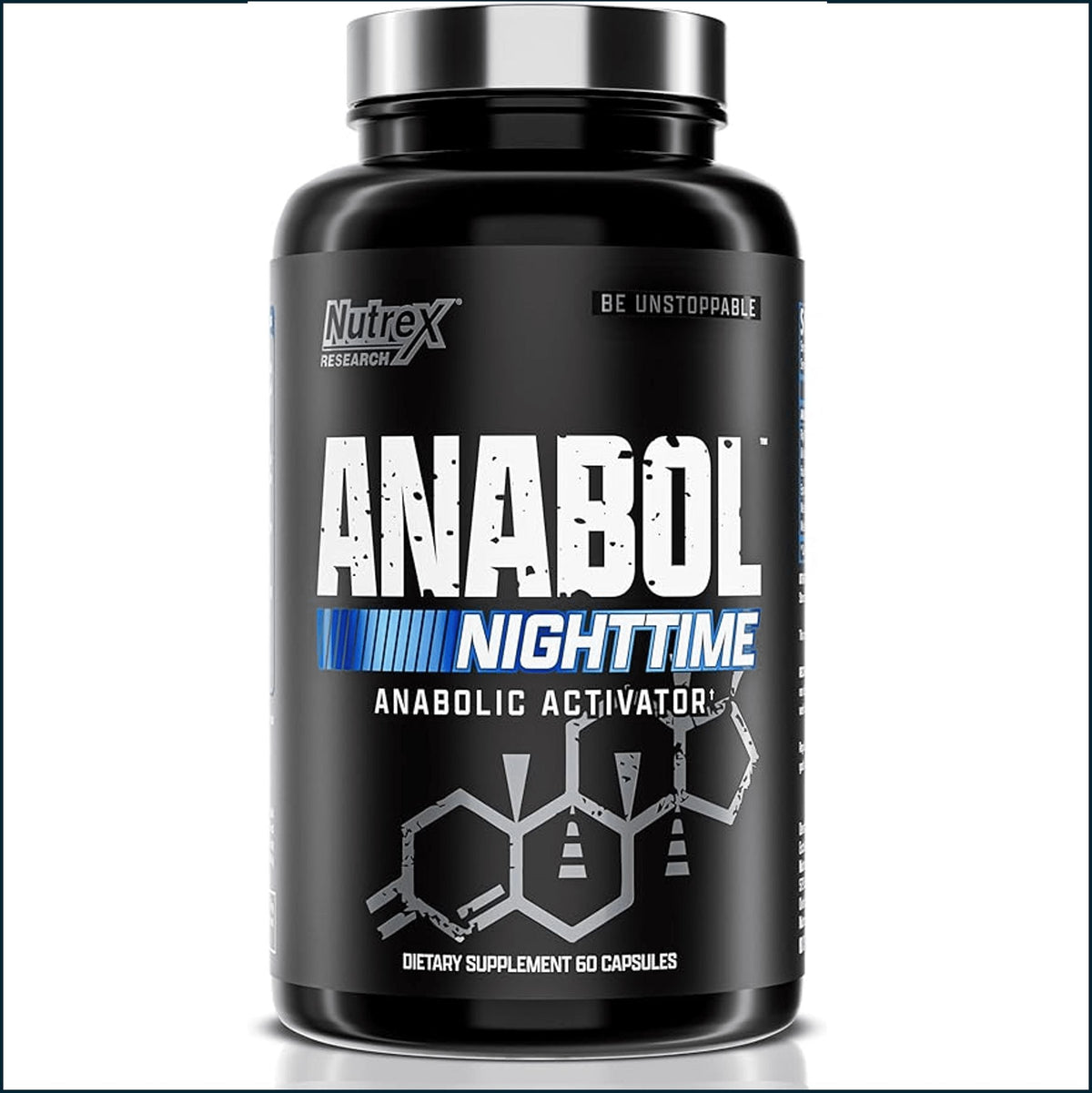 A black plastic bottle of Nutrex Research Anabol Nighttime Anabolic Activator dietary supplement with a silver cap, shown on a white background.