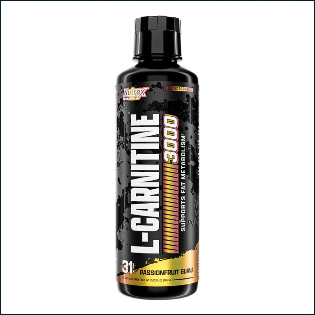 A bottle of Nutrex L-Carnitine 3000 dietary supplement, featuring a black bottle with a black label, white text, and gold accents on a white background.