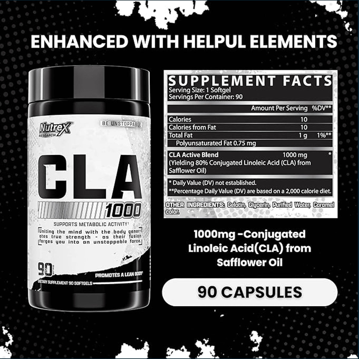 Nutrex CLA 1000 supplement bottle with label and supplement facts on a black background