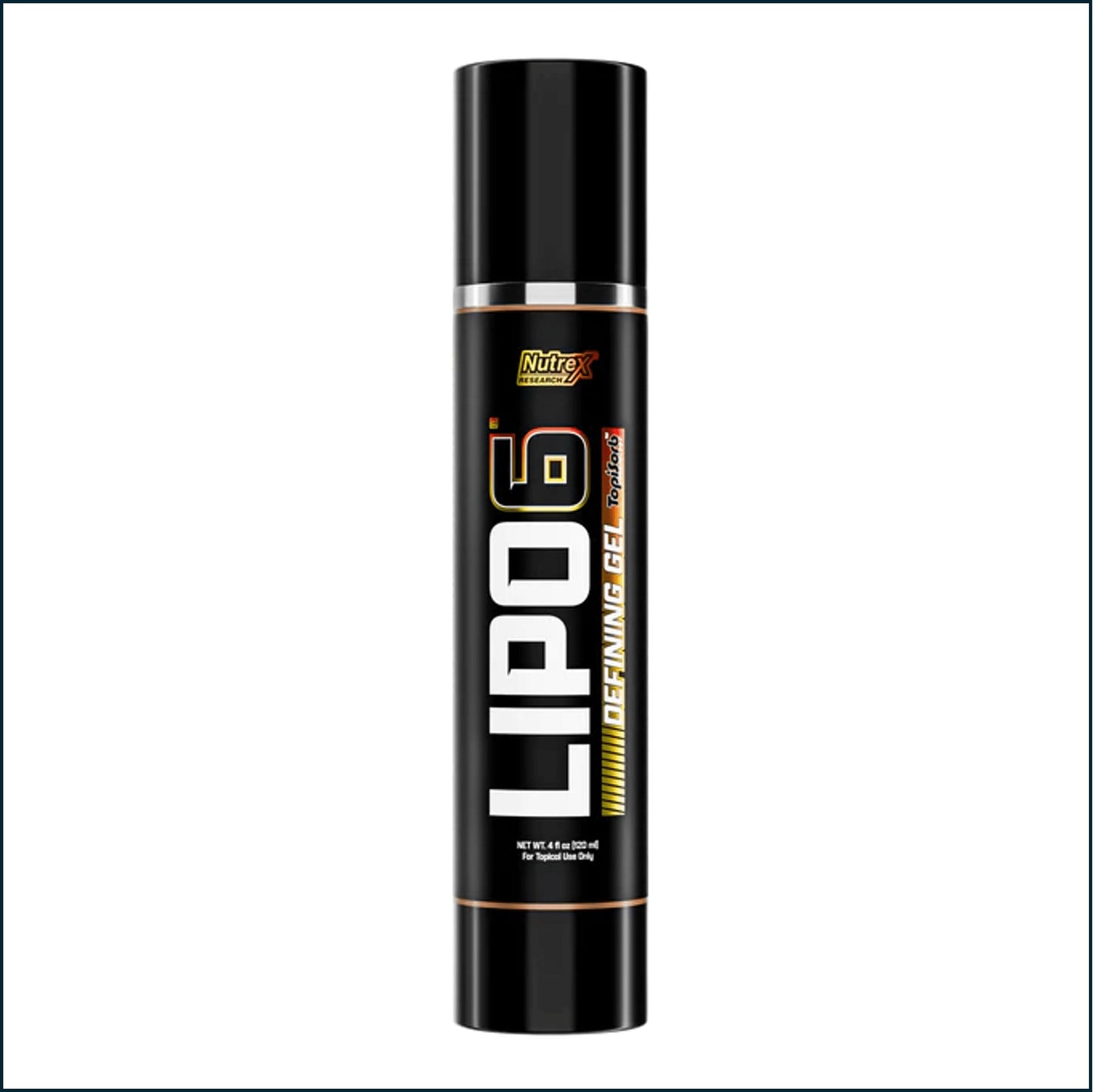 A black cylindrical bottle of NutriLip Lipo 6 Defining Gel on a white background.