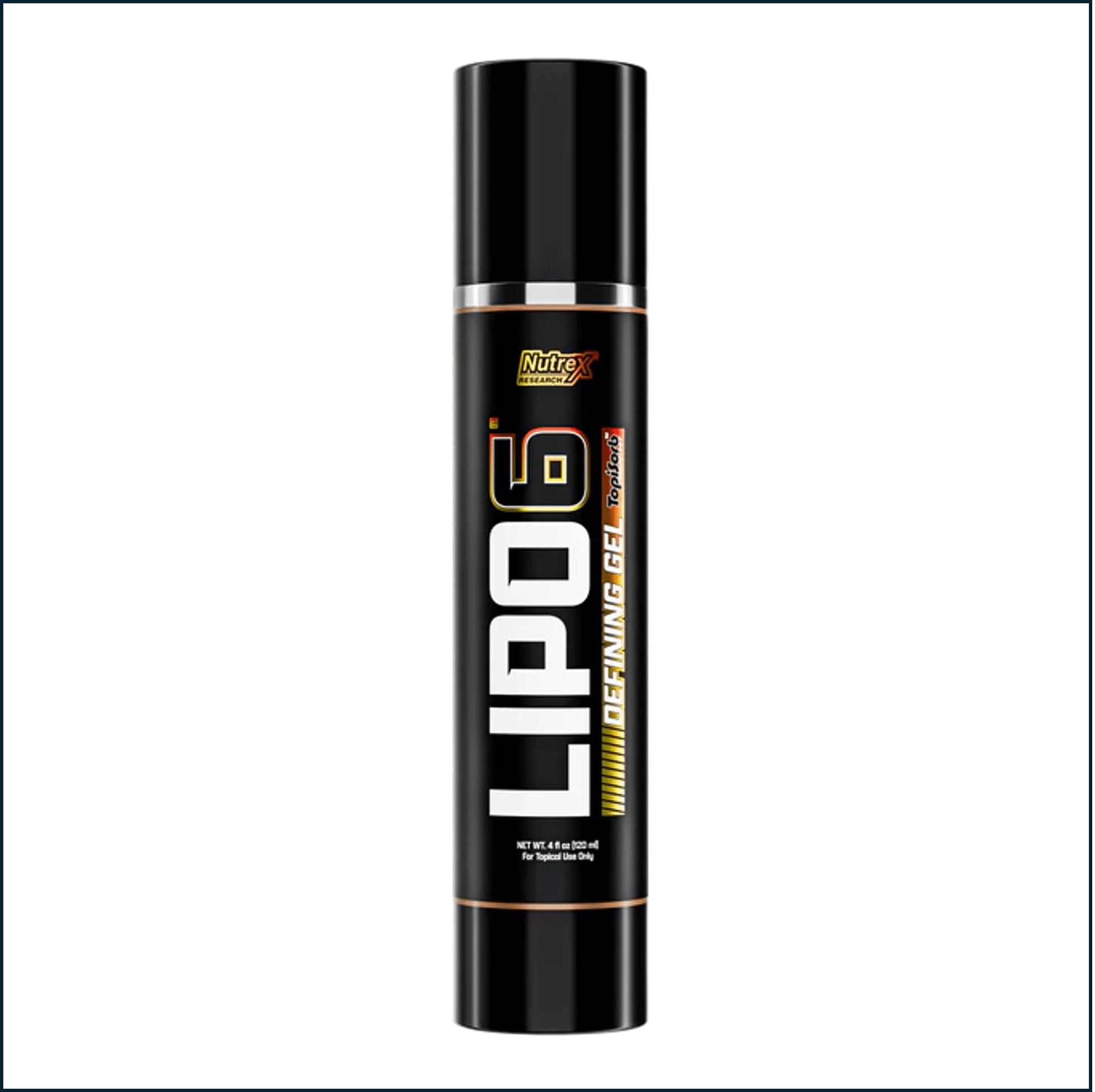 A black cylindrical bottle of NutriLip Lipo 6 Defining Gel on a white background.