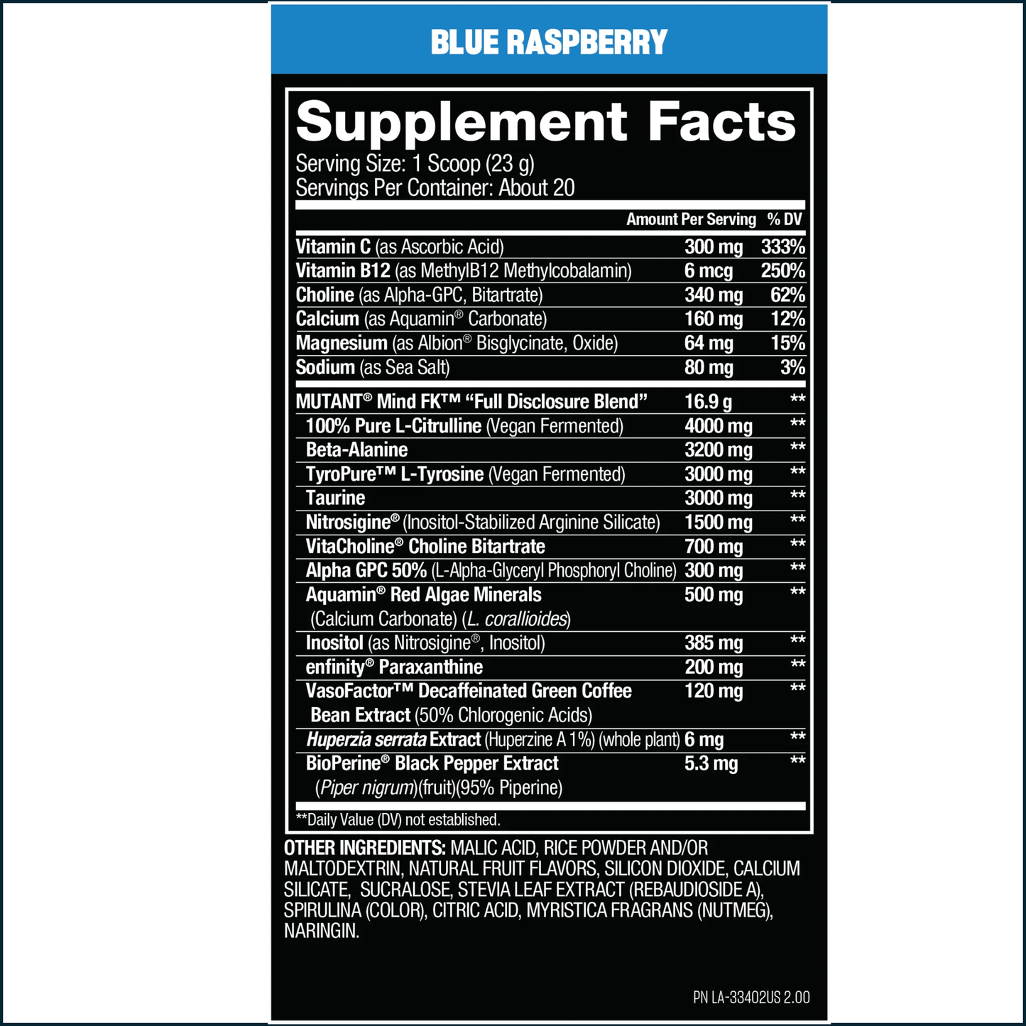 A supplement facts label for Blue Raspberry flavor, showing a black rectangular panel with white text and a blue header reading BLUE RASPBERRY. Visible ingredients include Mitolyn, MIND FCM, Beta-Alanine, Tyrosine, L-Tryptophan, Nitrates, Vitamins, and VasoFactor decaffeinated green coffee bean extract.