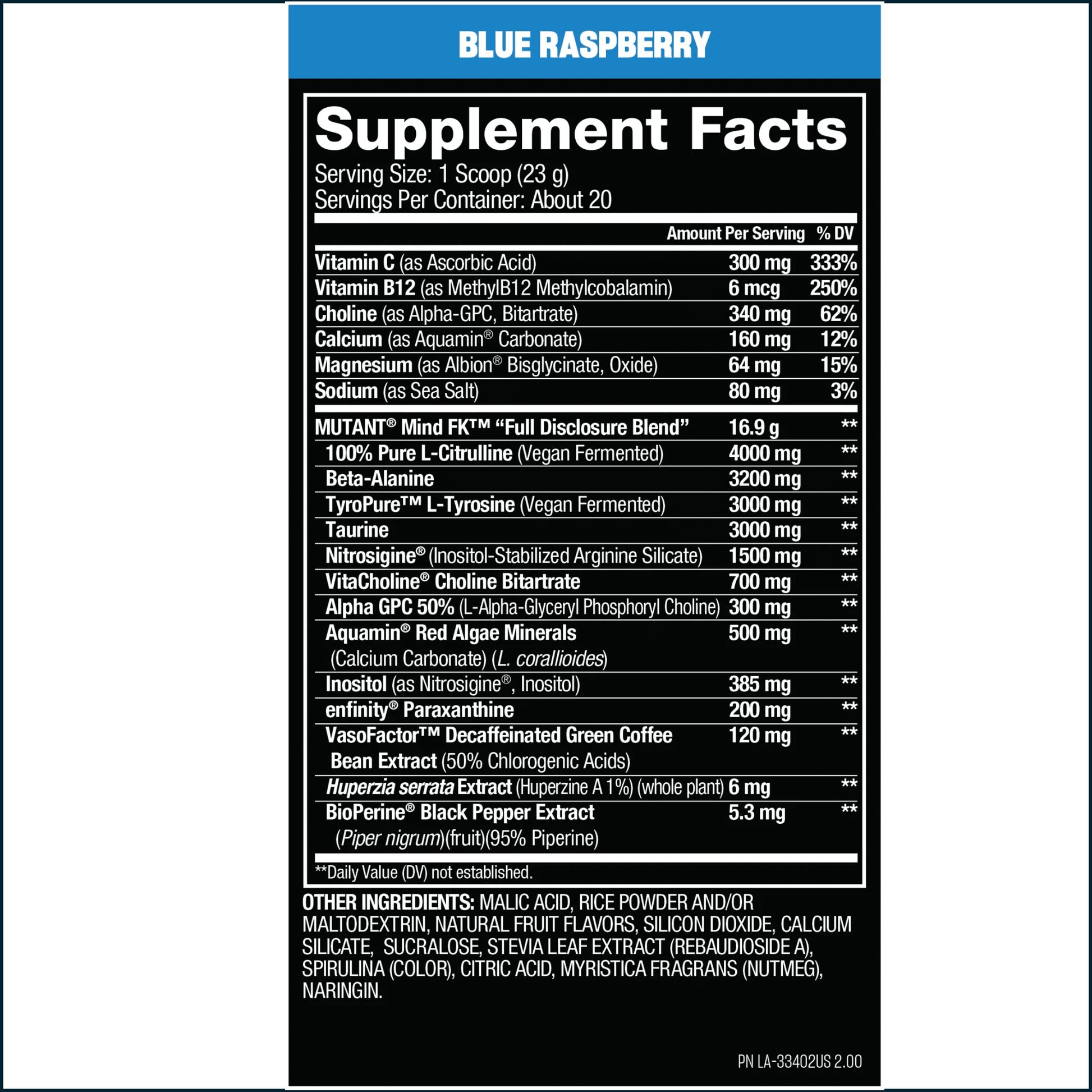 A supplement facts label for Blue Raspberry flavor, showing a black rectangular panel with white text and a blue header reading BLUE RASPBERRY. Visible ingredients include Mitolyn, MIND FCM, Beta-Alanine, Tyrosine, L-Tryptophan, Nitrates, Vitamins, and VasoFactor decaffeinated green coffee bean extract.