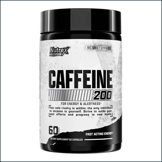 A black plastic bottle of Nutrex Caffeine 200 dietary supplement with a black cap and a white label featuring black text.