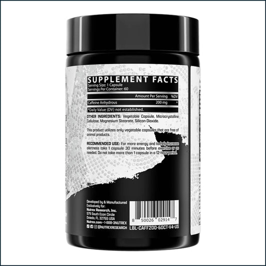 A black supplement bottle shown from the back, featuring a white and black label with 'SUPPLEMENT FACTS' text, a barcode, and a black splash graphic near the bottom.