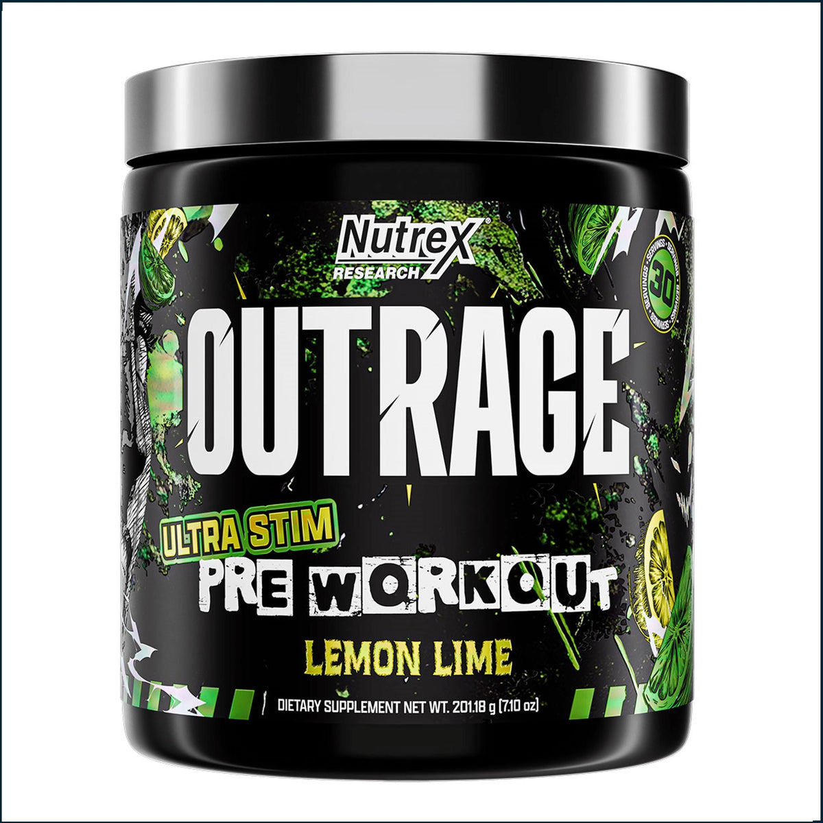 Nutrex Research Outrage pre-workout supplement container on a white background