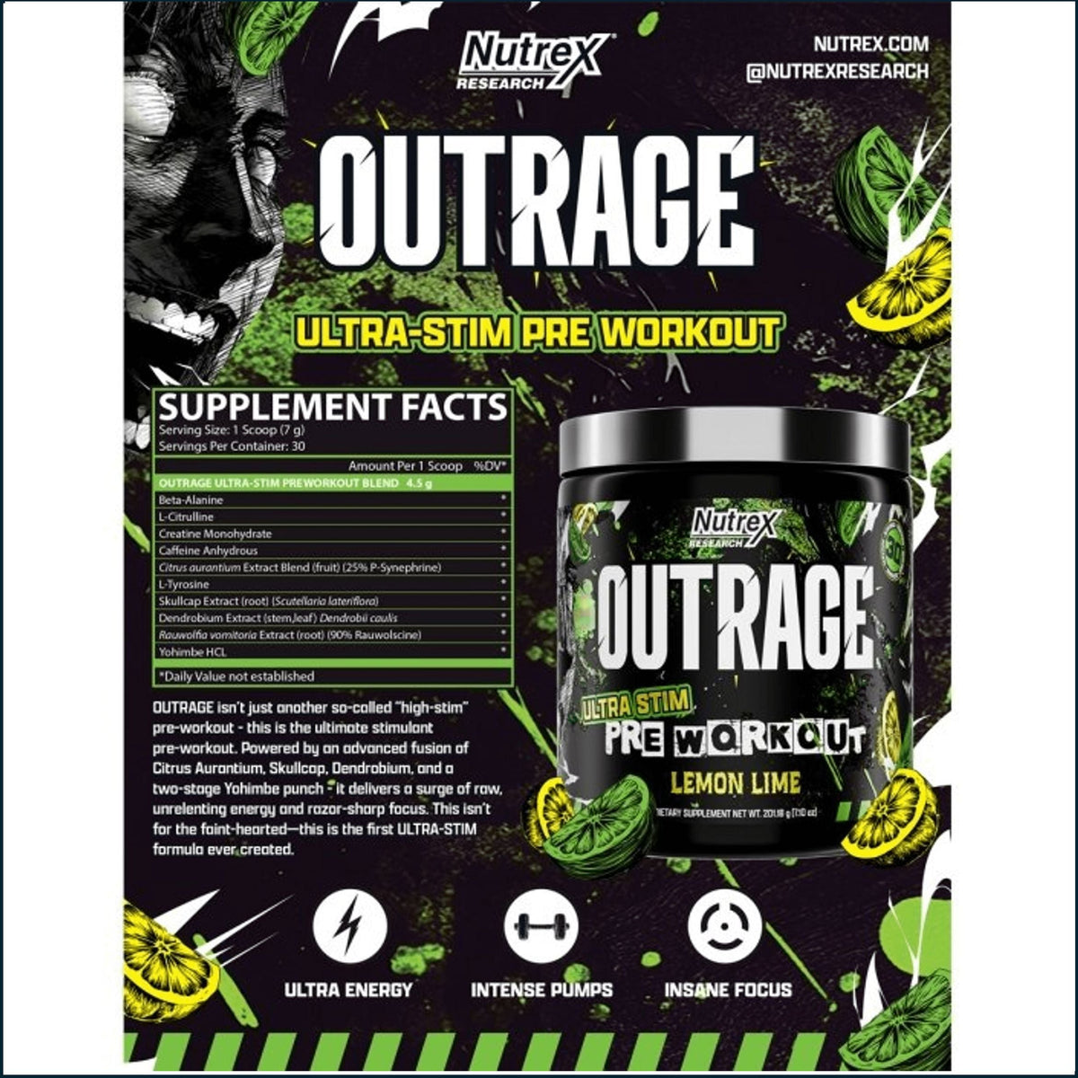 Nutrex Research Outrage Ultra-Stim Pre Workout supplement packaging in Lemon Lime flavor, featuring a black tub with green and white graphics alongside the product facts panel.