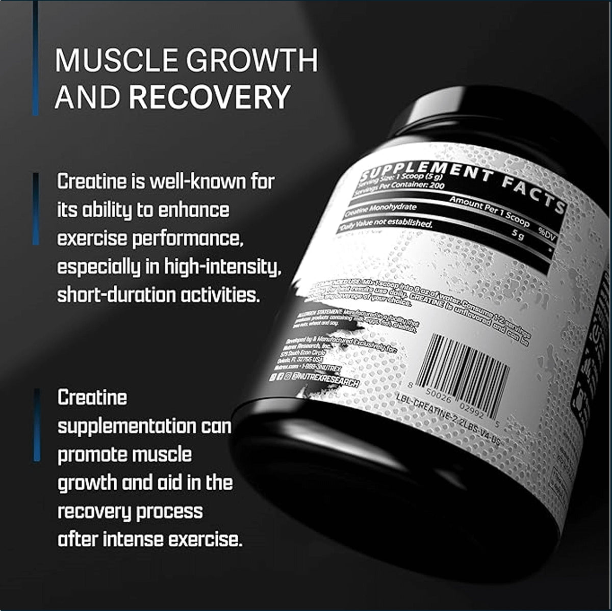 A black supplement tub with a white label angled on a dark background, surrounded by promotional text about muscle growth and recovery. The label text is partially visible, including 'SUPPLEMENT FACTS' and a barcode.