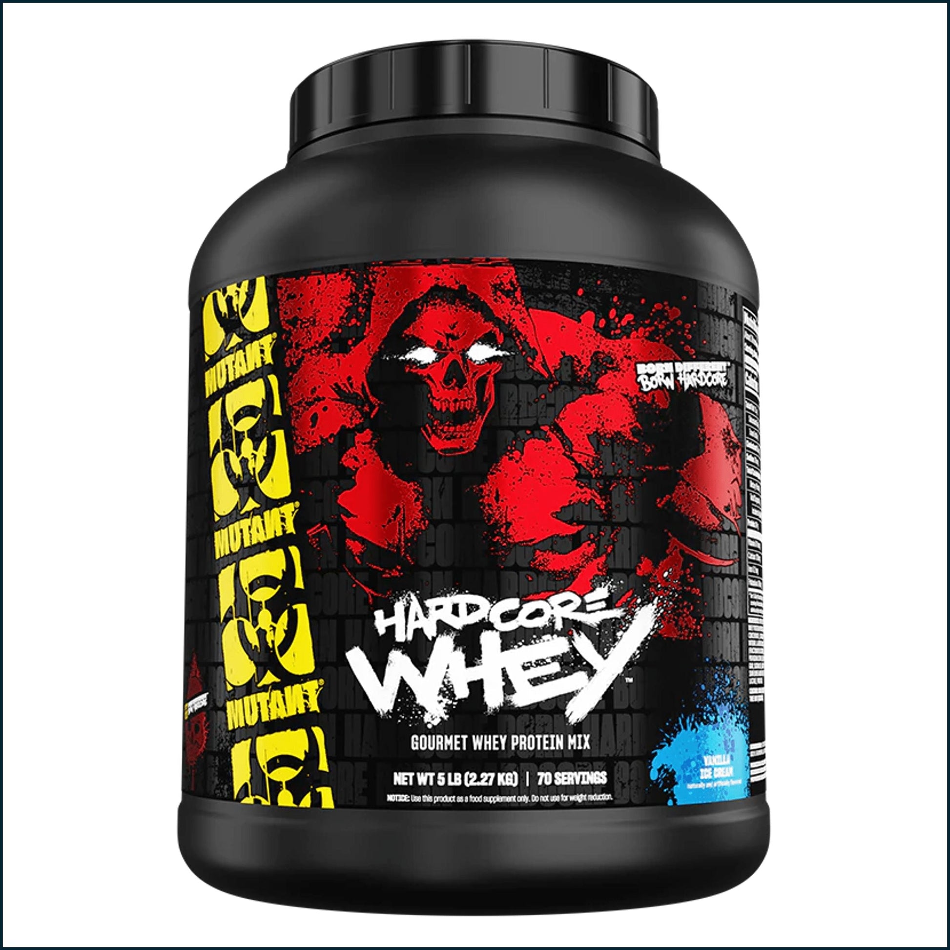 A large black tub of Hardcore Whey Gourmet Whey Protein Mix on a plain white background. The label features a bold red and black graphic of a skull-like figure, with yellow 'MUTANT' logos on the left and a blue splash graphic on the bottom right.