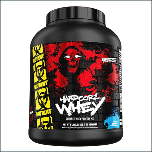 A large black tub of Hardcore Whey Gourmet Whey Protein Mix on a plain white background. The label features a bold red and black graphic of a skull-like figure, with yellow 'MUTANT' logos on the left and a blue splash graphic on the bottom right.