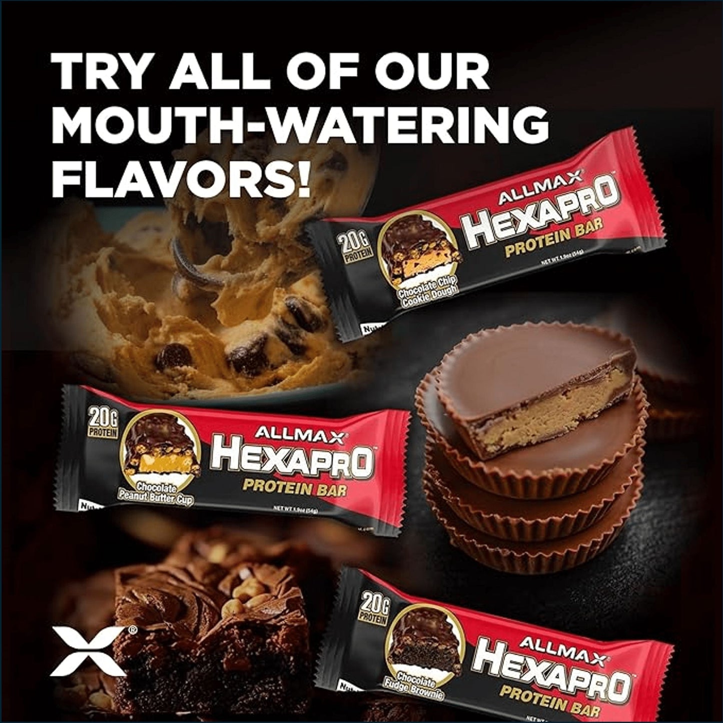 Allmax Hexapro protein bars with chocolate cups and brownies on a dark background