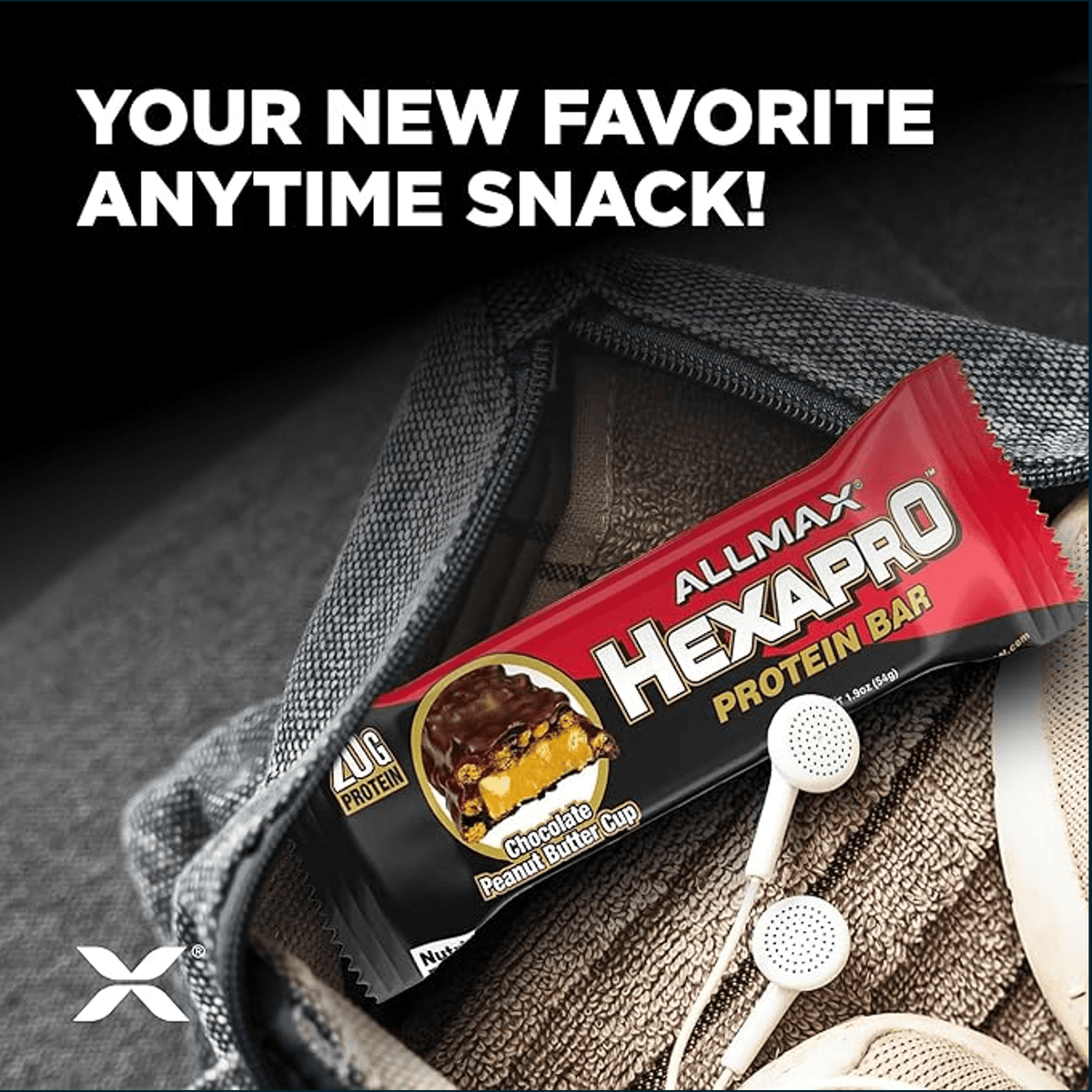 AllMax Hexapro Protein Bar in a backpack with earphones, text 'Your New Favorite Anytime Snack!'.