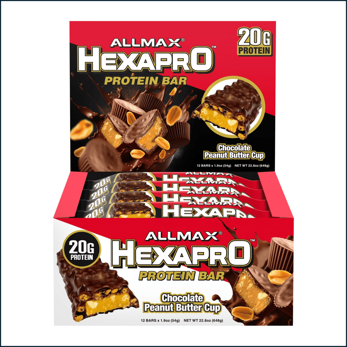 A display box of Allmax Hexapro Protein Bars in Chocolate Peanut Butter Cup flavor, showing the front and lower packaging with multiple individual bars visible inside.