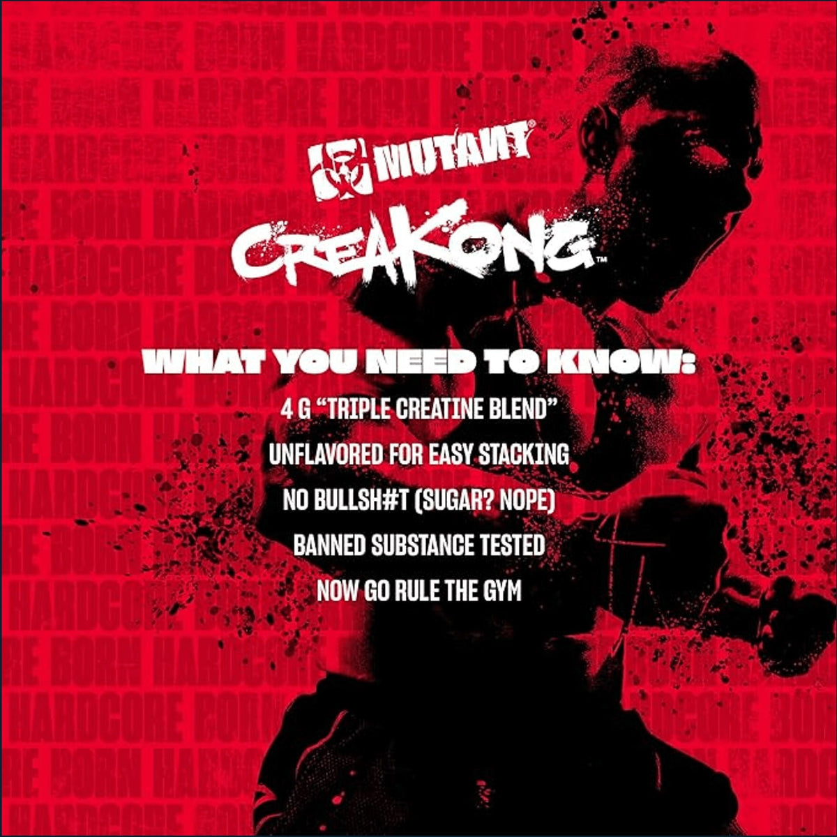 Promotional graphic for the Mutant Creakong supplement, featuring a bold red and black design with a silhouetted figure and white text detailing the product's triple creatine blend and benefits.