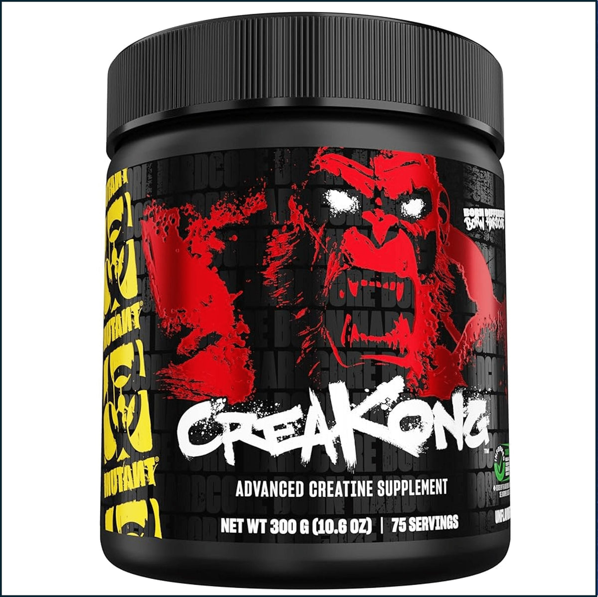A black plastic tub of Creakong Advanced Creatine Supplement with a black lid, featuring a label with a red gorilla graphic and yellow biohazard-style side panel on a white background.