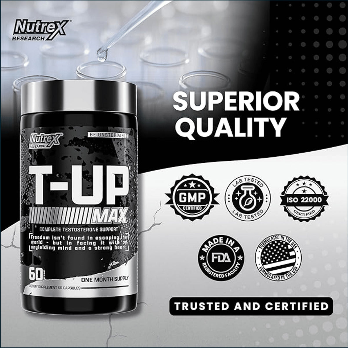 NutreX Research T-UP MAX one-month supply dietary supplement bottle on a dark and light gray background with 'SUPERIOR QUALITY' text and certification badges.