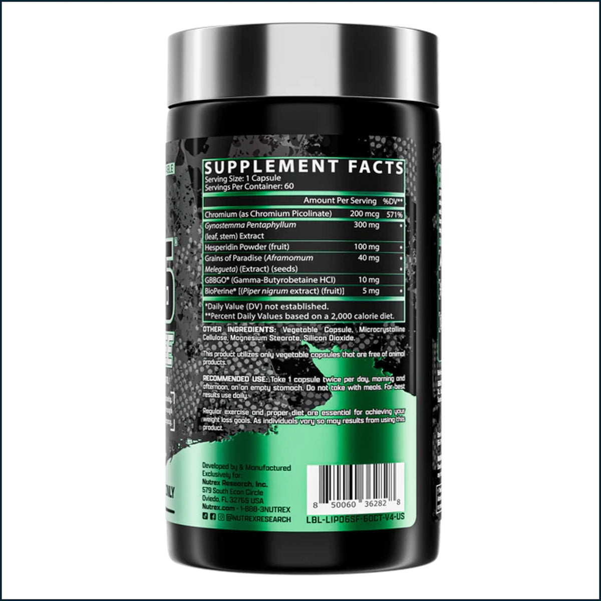 A black supplement bottle with a silver cap, showing the back label with supplement facts, a barcode, and a green accent band on a white background.