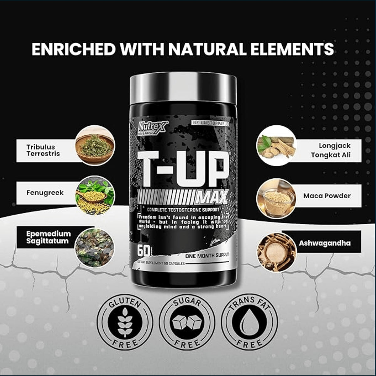 Nutrx T-UP Max testosterone support supplement container shown on a black and gray promotional background with ingredient callouts and feature icons.