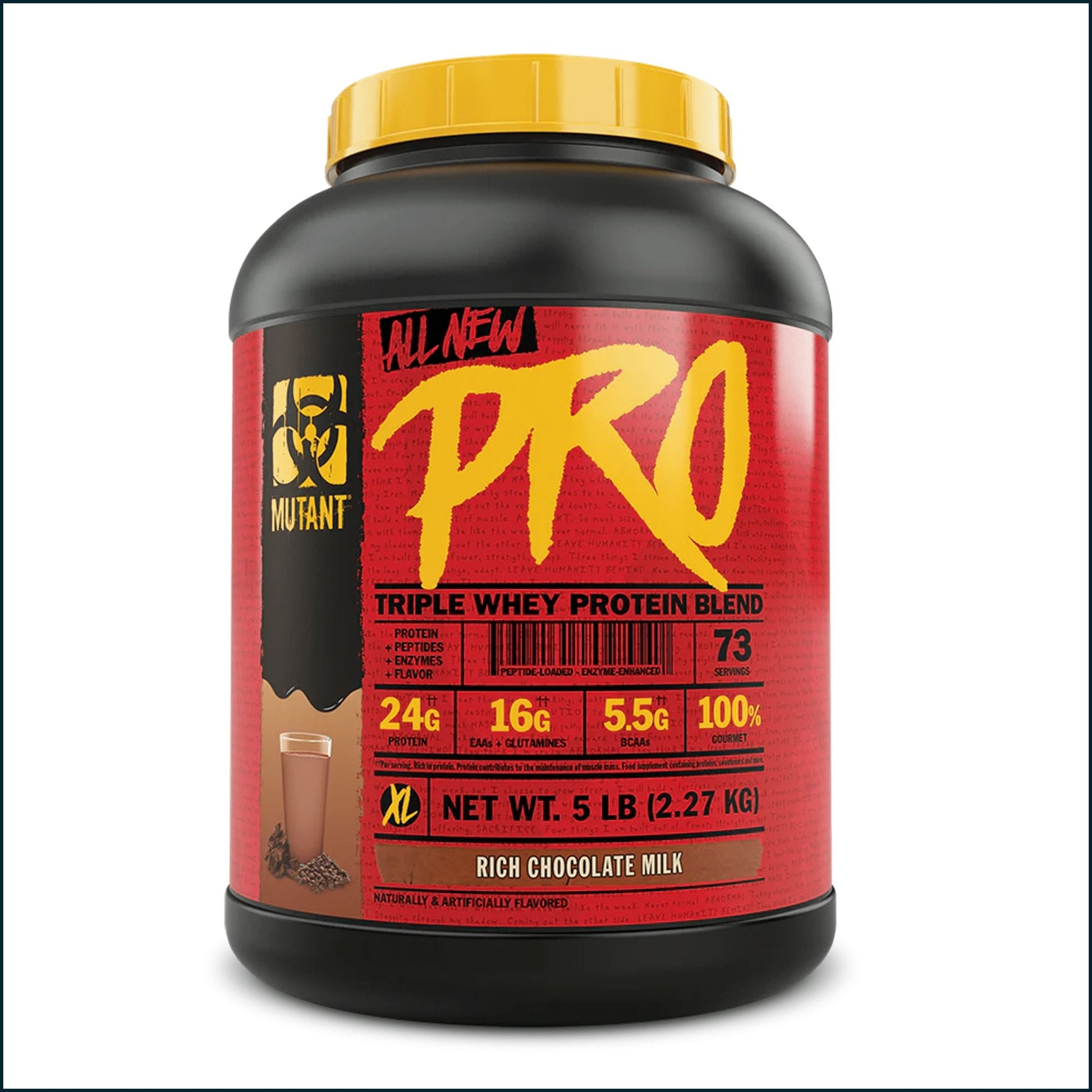 A 5 lb tub of Mutant Nutrition All New Pro Triple Whey Protein Blend in Rich Chocolate Milk flavor, featuring a black container, yellow cap, and a red label with yellow text.