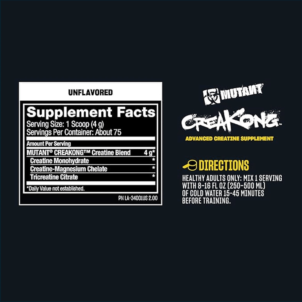 A dark promotional graphic for a creatine supplement showing a white Supplement Facts label, the Mutant Creakong logo, and directions text on a black background.