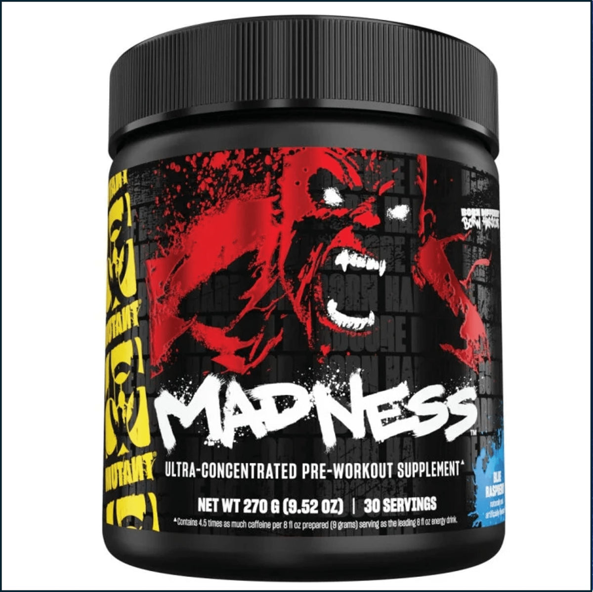 A black plastic tub of Mutant Labs Madness Ultra-Concentrated Pre-Workout Supplement, featuring a bold red and black label with a screaming face graphic and white 'MADNESS' text.