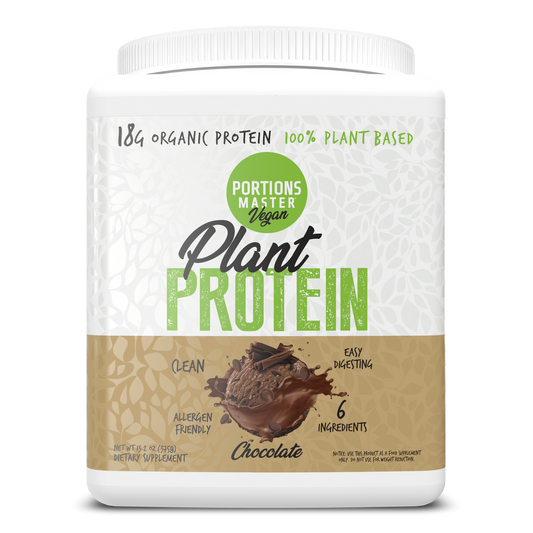 Plant protein powder container with chocolate flavor on a white background