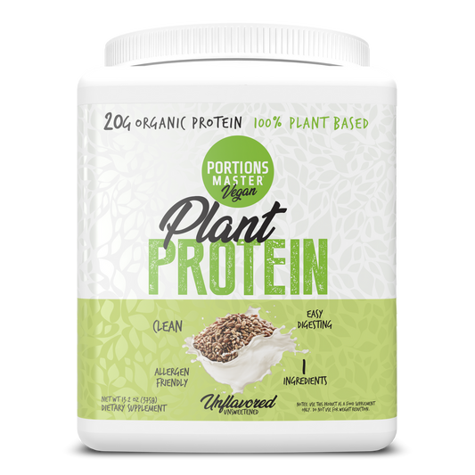 Plant protein powder container with green and white label on a white background