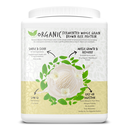 Container of organic fermented whole grain brown rice protein with green leaf graphics on a white background