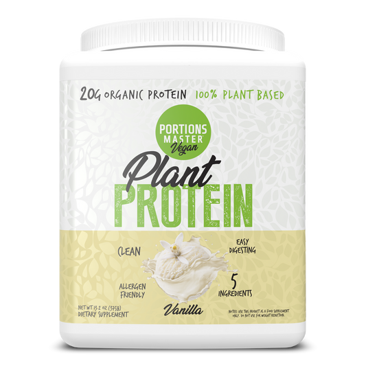 Plant protein powder container with vanilla flavor on a white background