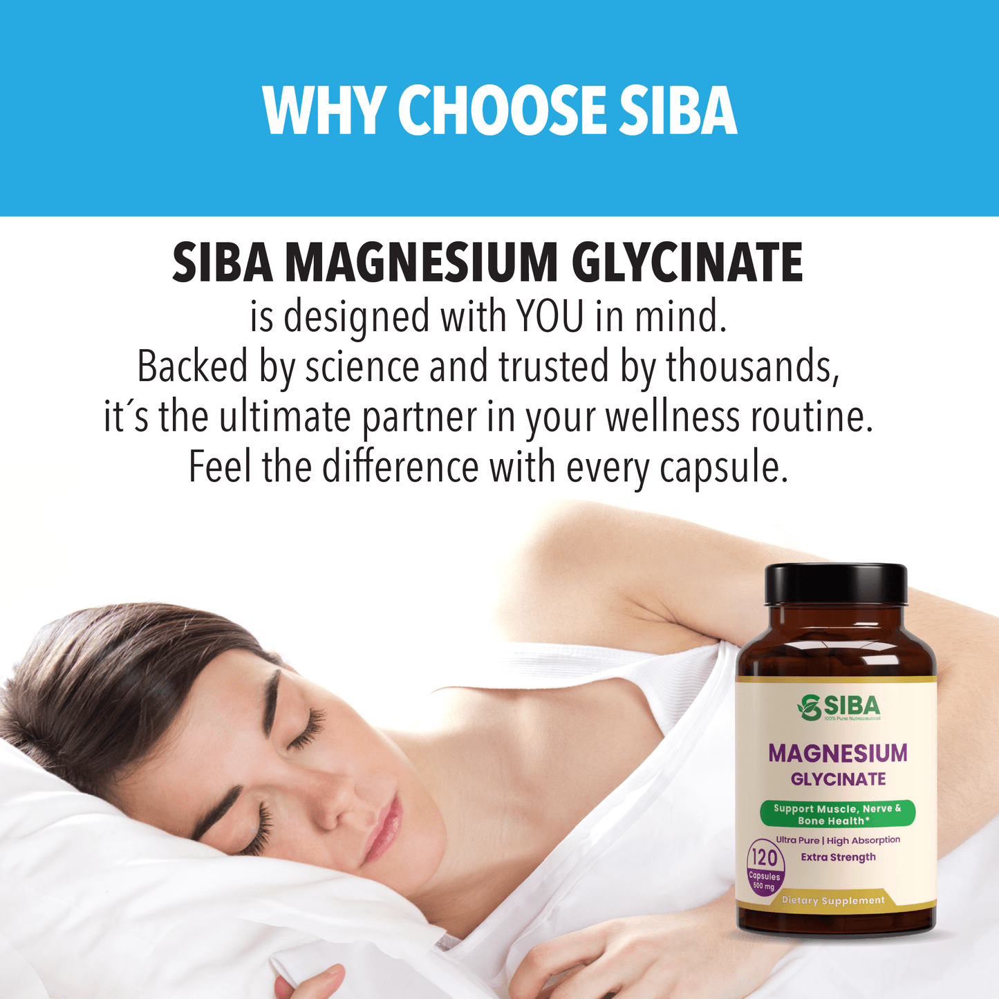 Woman lying in bed with a SIBA Magnesium Glycinate supplement bottle next to her.