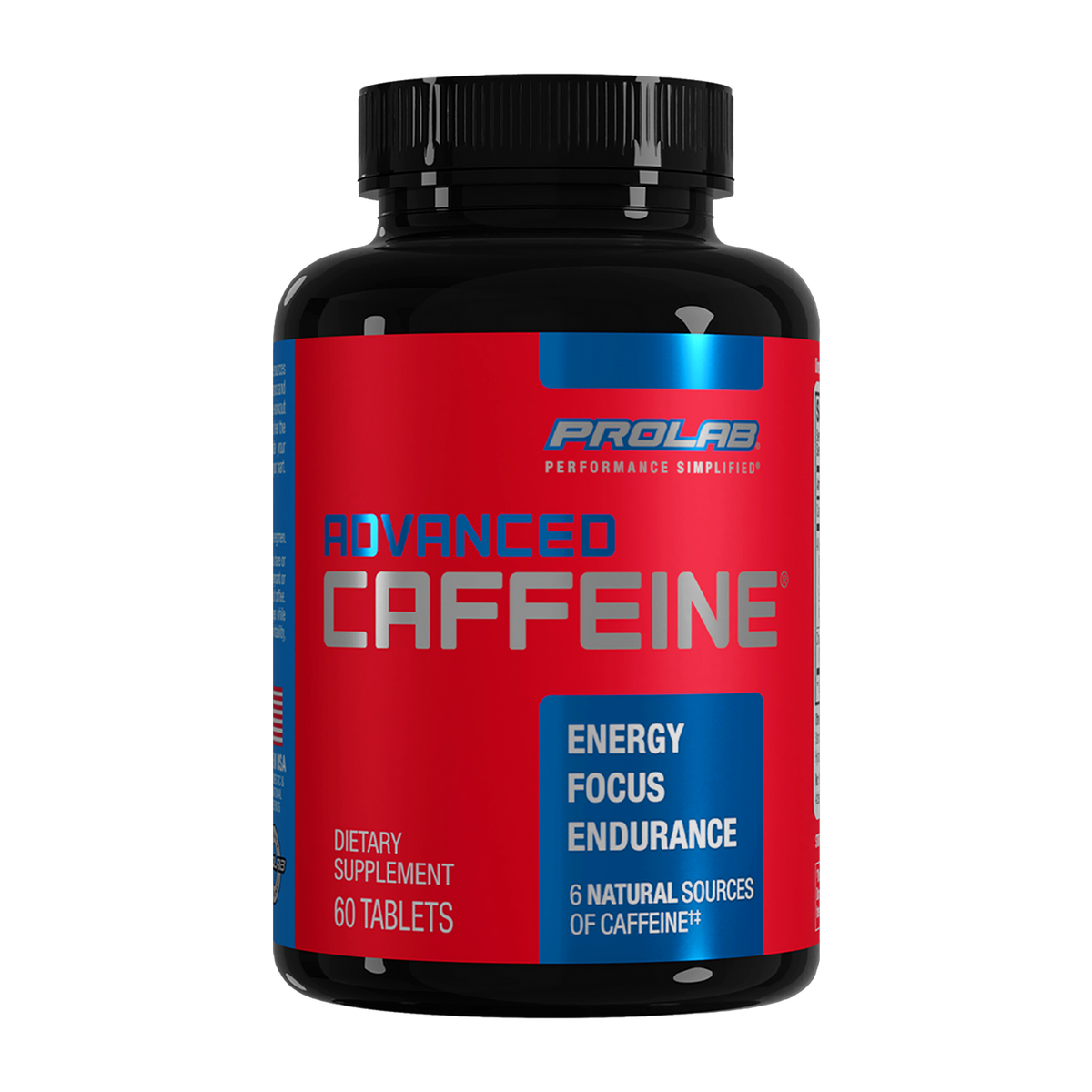 A black plastic bottle of ProLab Advanced Caffeine dietary supplement with a red and blue label, shown on a plain white background.