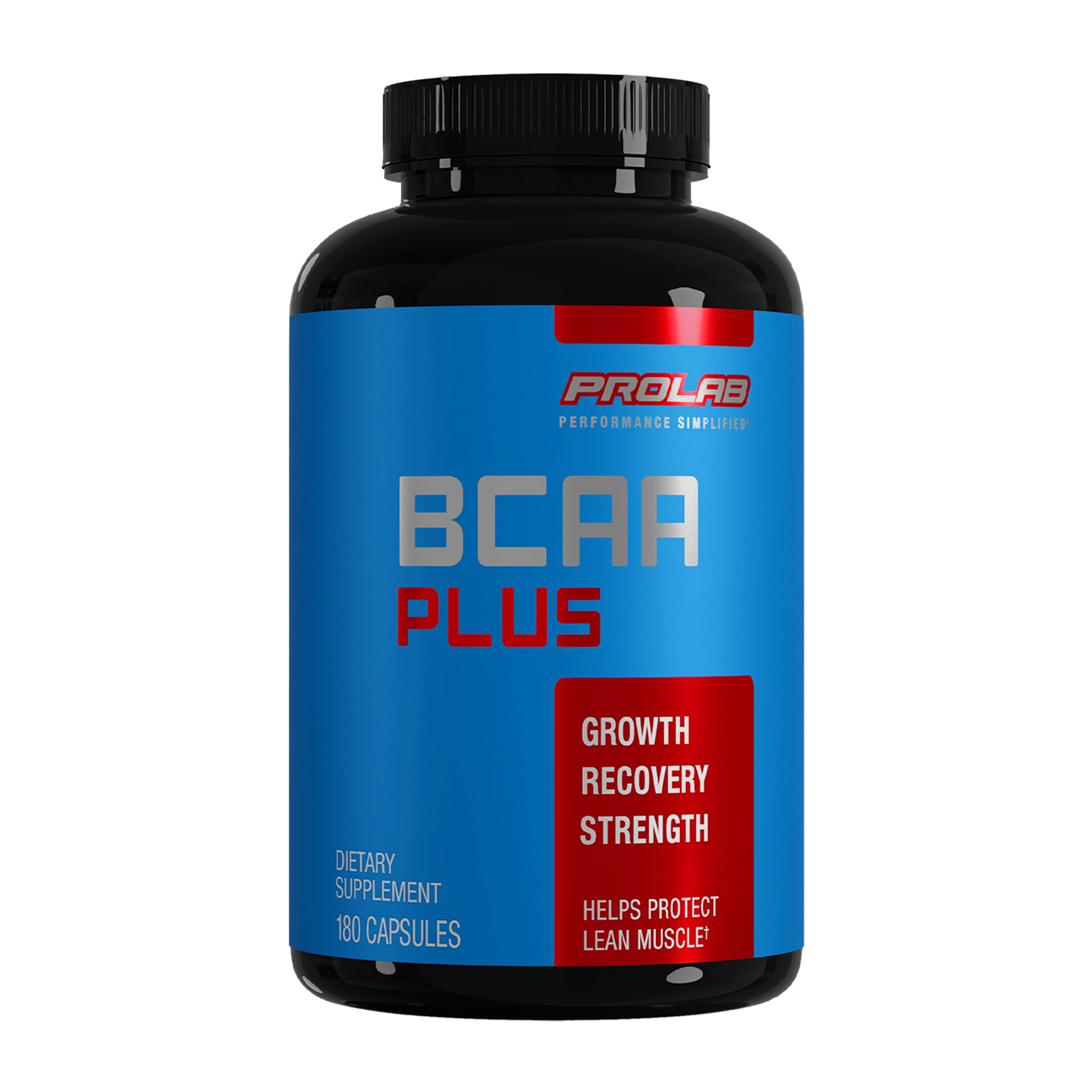 A black plastic bottle of ProLab BCAA Plus dietary supplement with a blue and red label, shown on a plain white background.