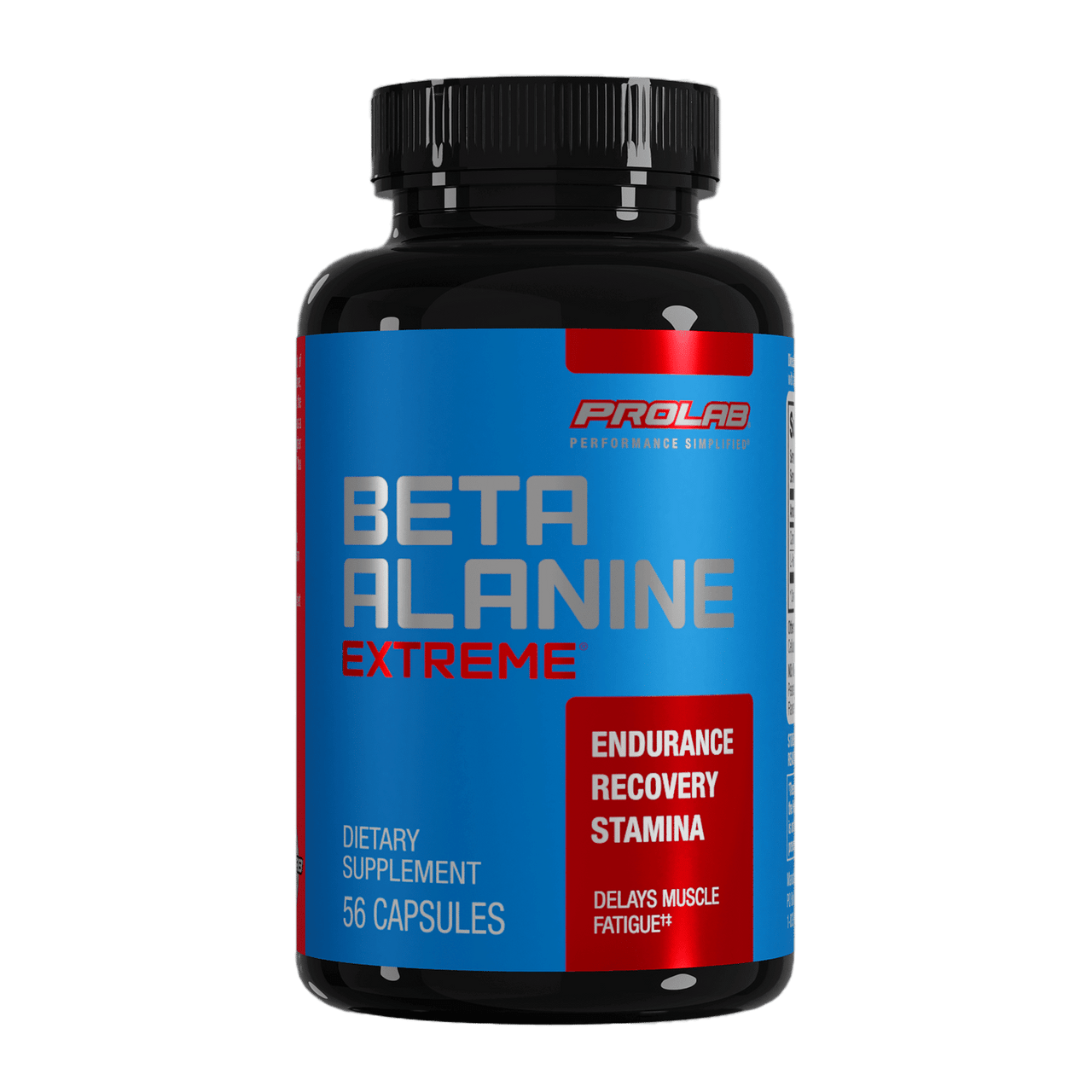 A black plastic bottle of Prolab Beta Alanine Extreme dietary supplement with a blue and red label, shown against a solid dark green background.