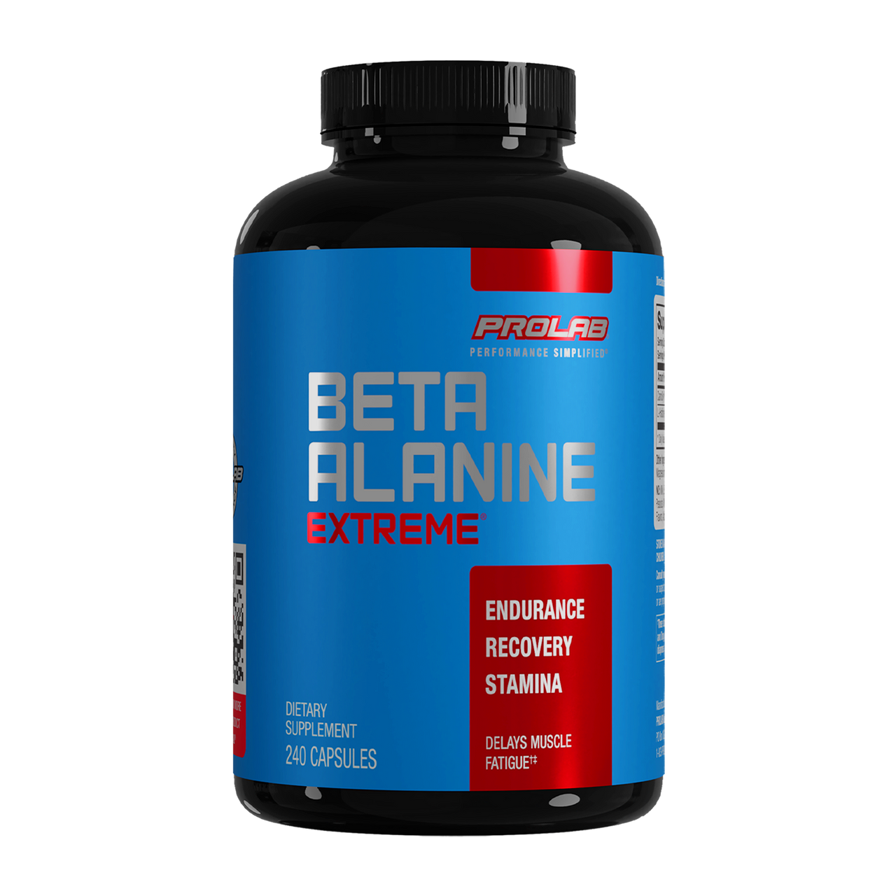 A black bottle of ProLab Beta Alanine Extreme dietary supplement with a blue and red label, shown on a plain white background.