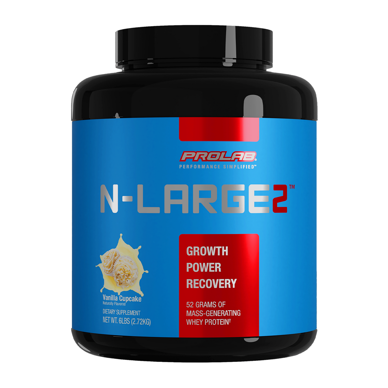 A black plastic tub of Prolab N-Large 2 Vanilla Custard flavor protein powder with a bright blue and red label, shown on a plain white background.