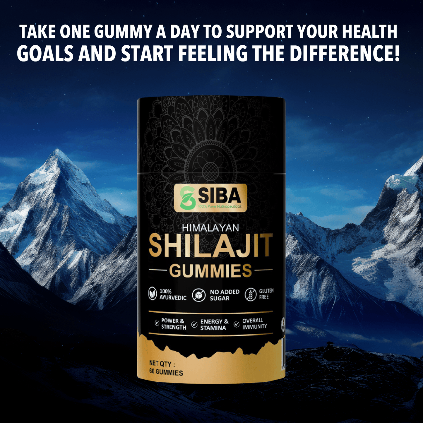 SIBA Shilajit Gummies container with mountainous background