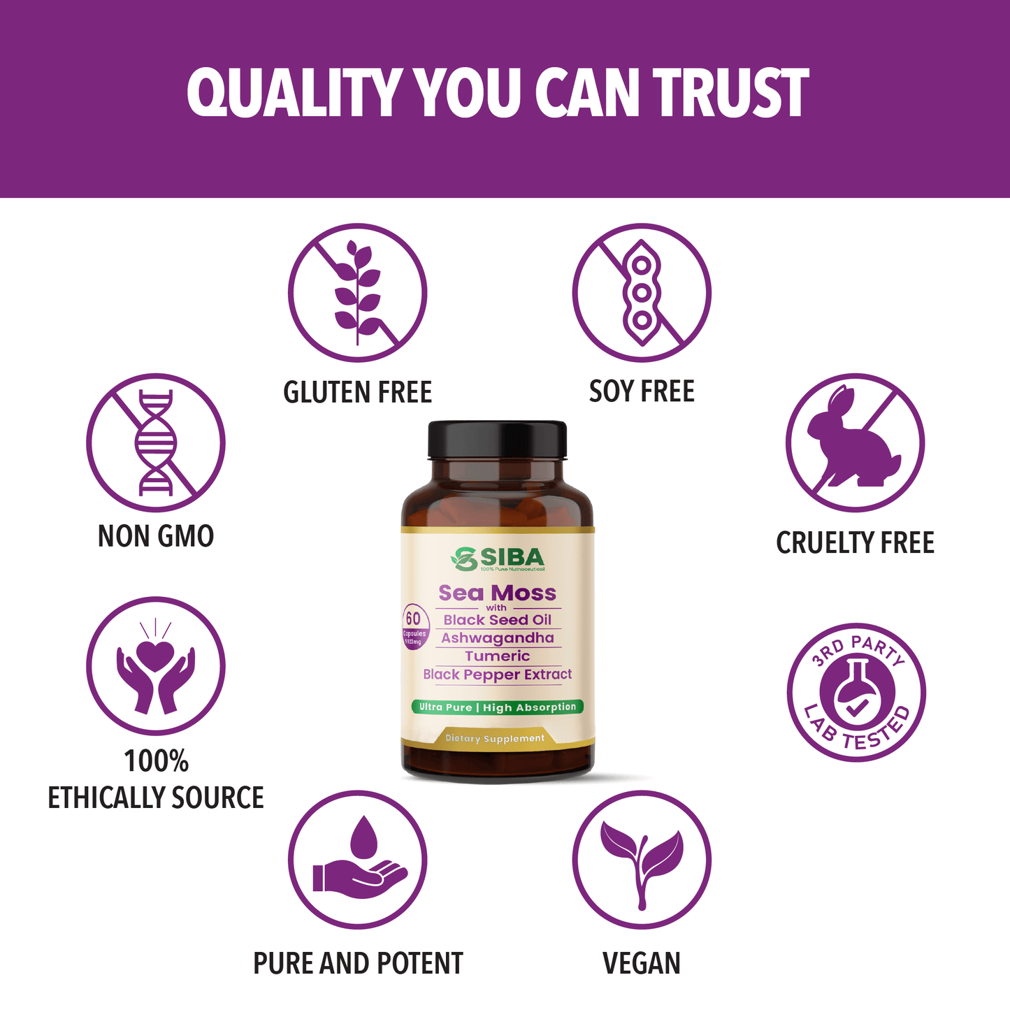 Bottle of SIBA product with quality certification icons on a white background