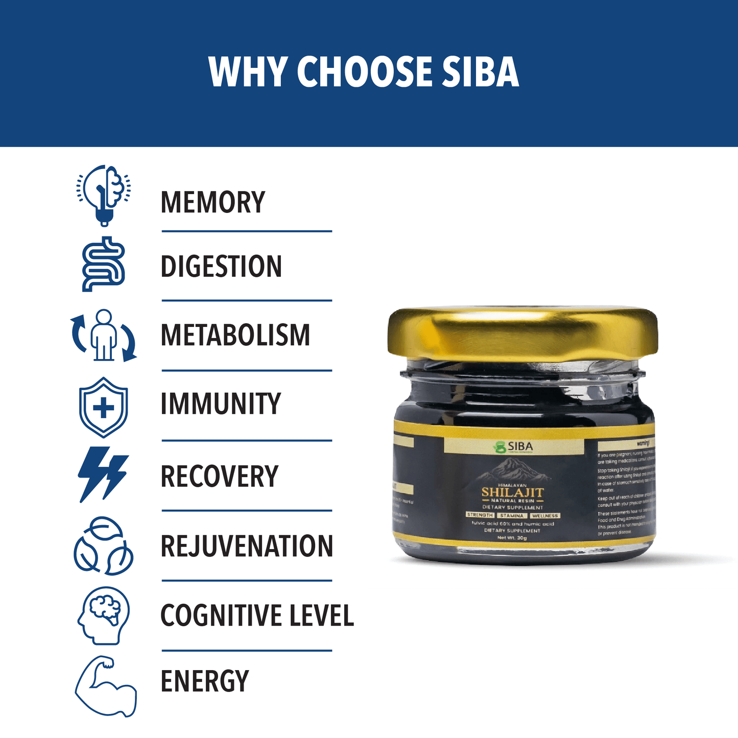 SIBA product with benefits listed on a white background