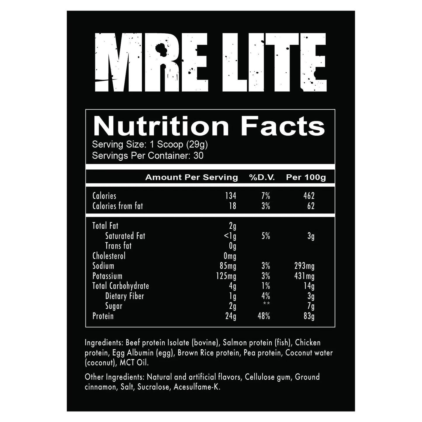Nutrition facts label for MRE Lite on a black background