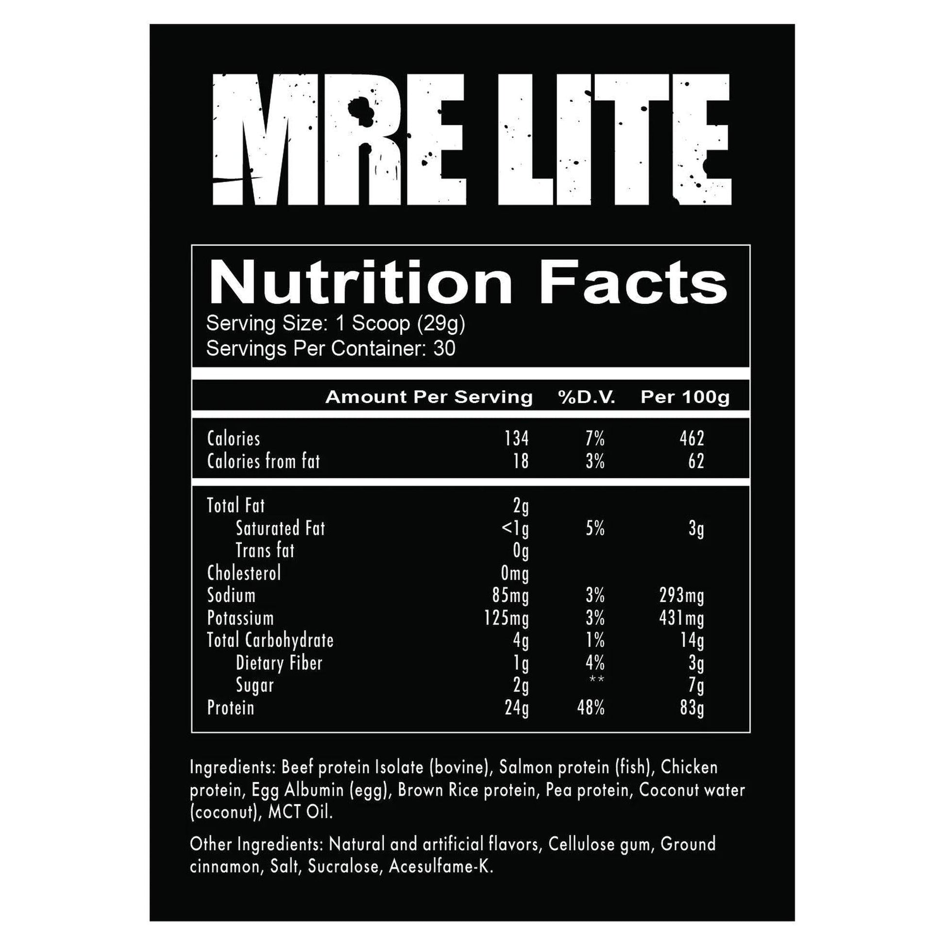 Nutrition facts label for MRE Lite on a black background