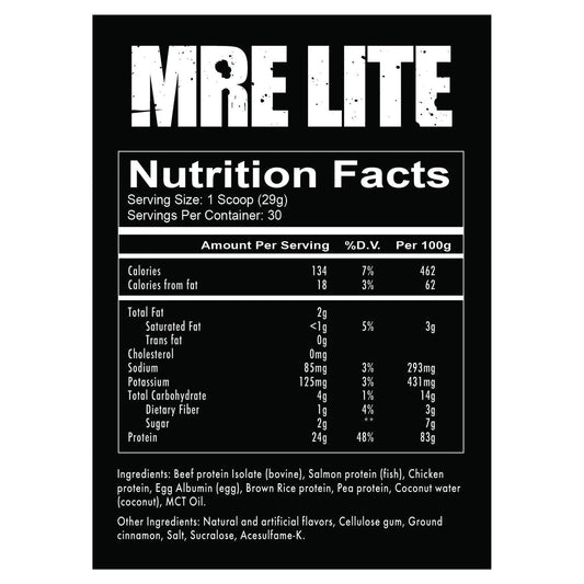 Nutrition facts label for MRE Lite on a black background