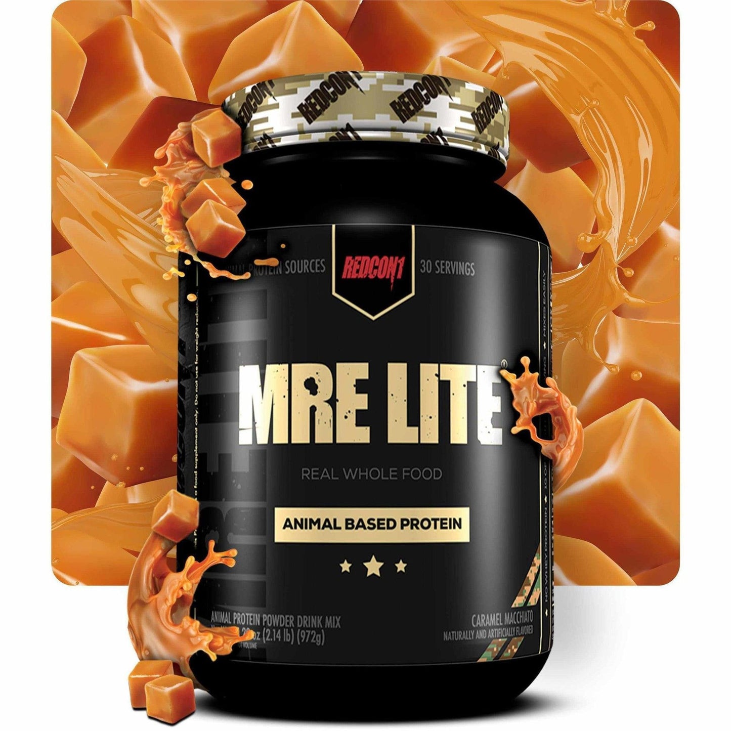 Black MRE Lite protein supplement container with caramel elements on a white background