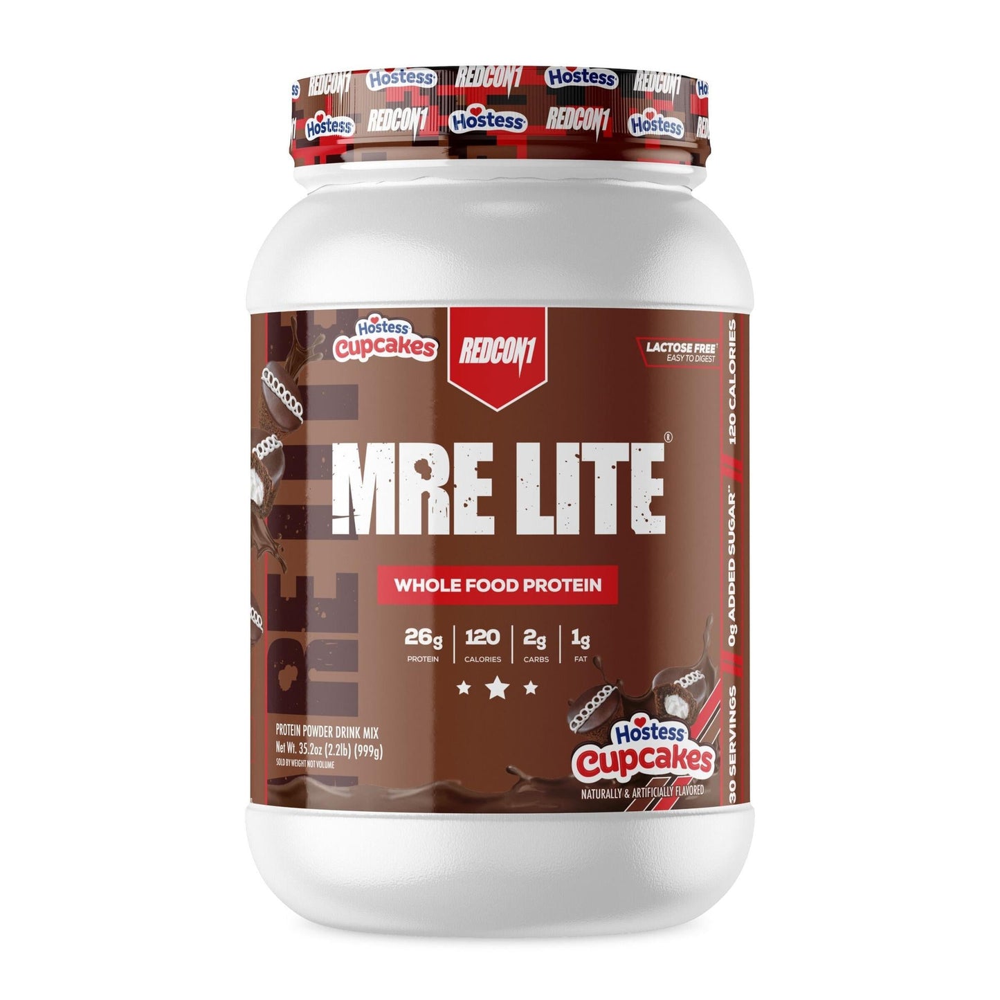 A white plastic tub of Redcon1 MRE Lite whole food protein powder by Harber's Cupcakes, featuring a brown label with white and red text, set against a plain white background.
