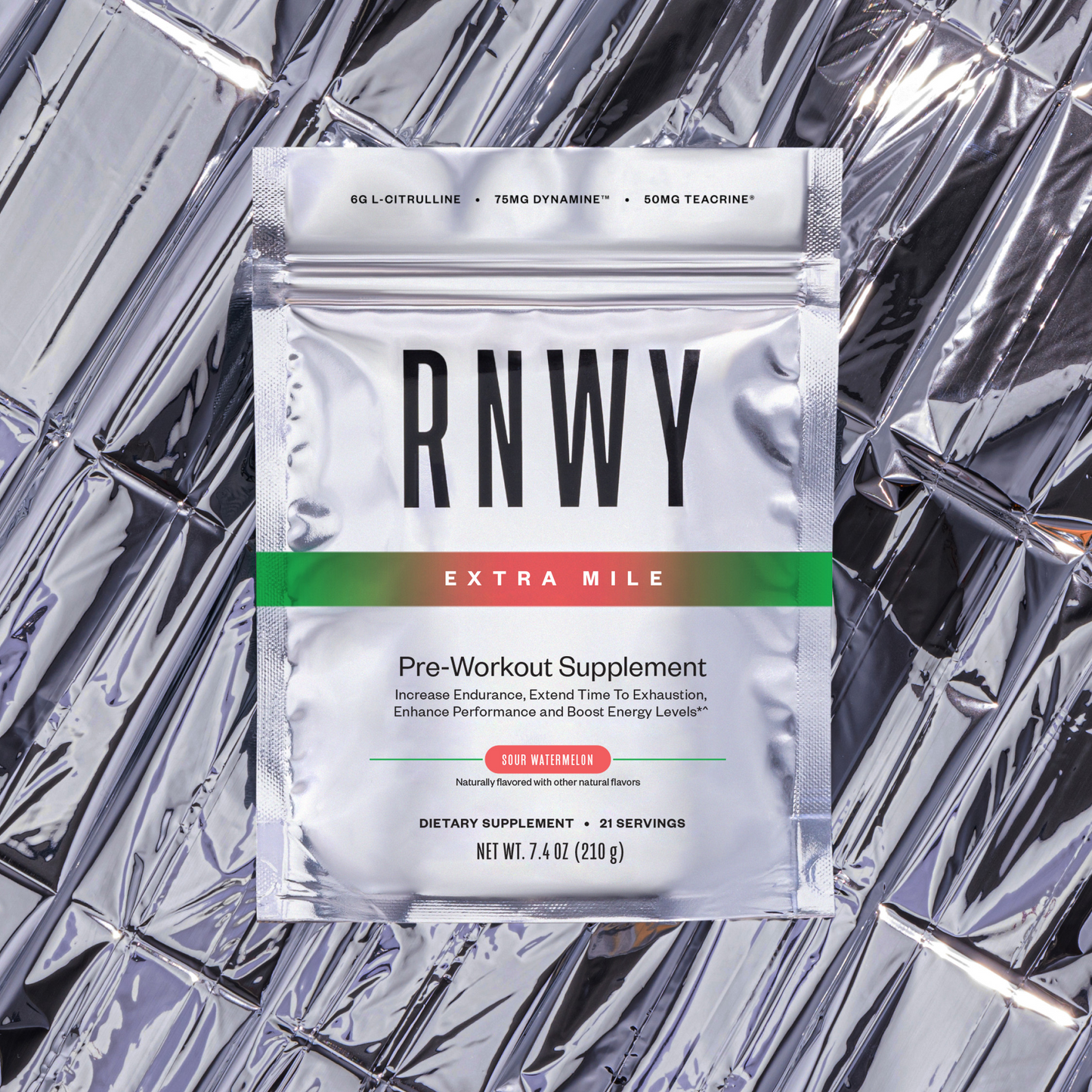 RNWY pre-workout supplement package on a reflective metallic background